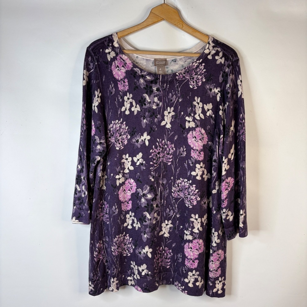 Chico's Tunic Sweater Womens Size 4 Purple Floral Cashmere Blend 3/4 Sleeve Top